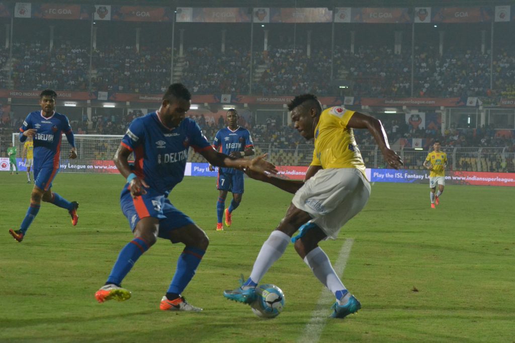 BATTLE: FC Kerala goal scorer Kervens Belfort tackles FC Goa